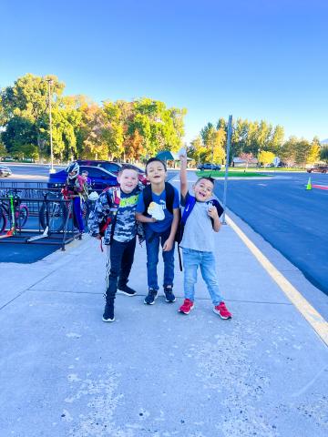 kids posing after walking to school